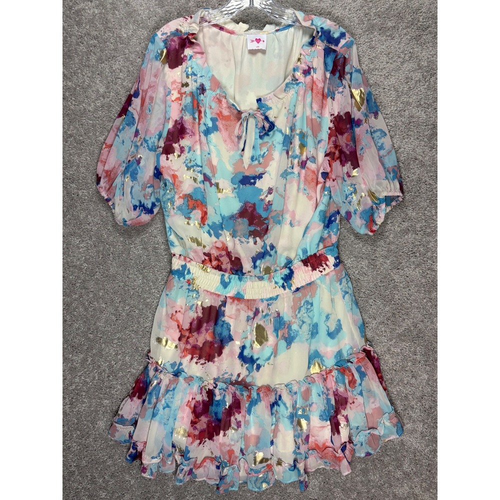 Buddy Love Ray-22 Dress Large Multicolor Gold Foil Ruffle Puff Sleeve CG4607